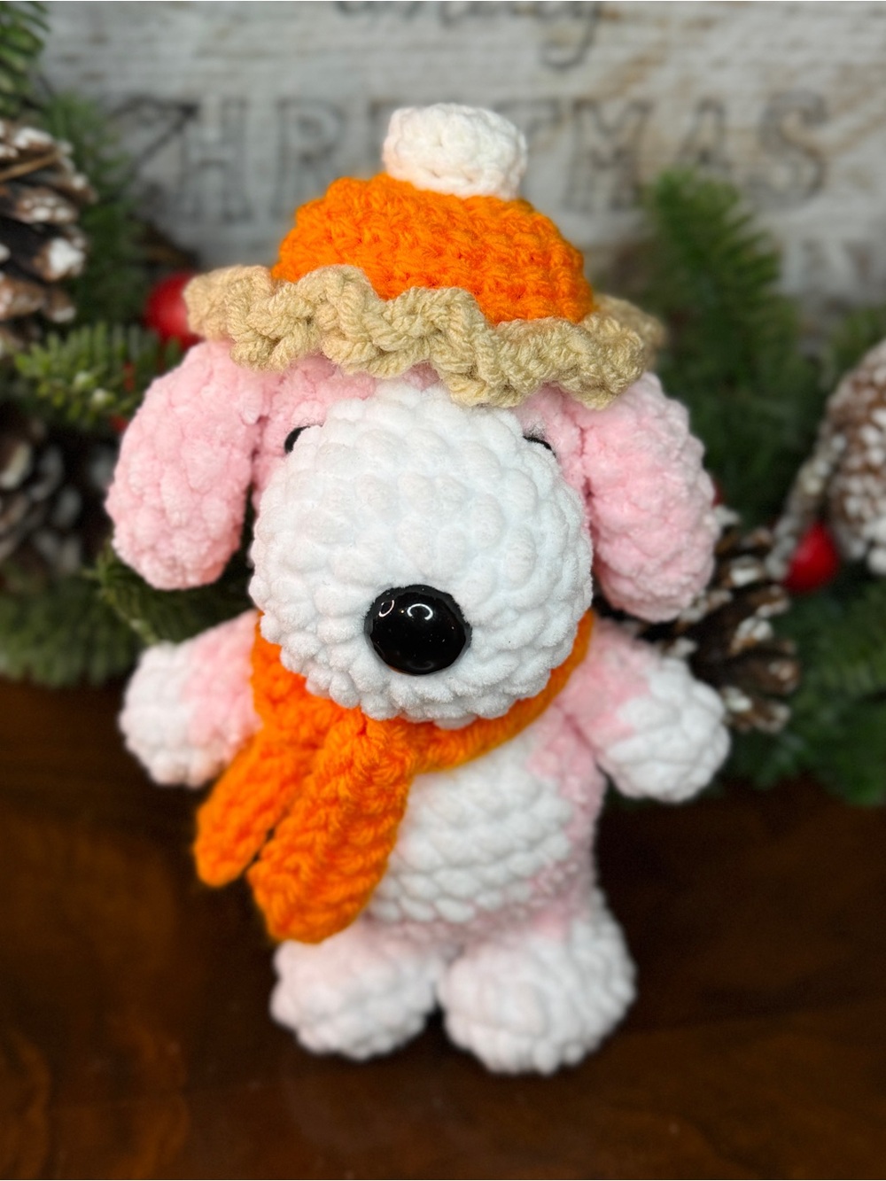 7 inch Handmade Plush Crochet Puppy Toy pink and White in a pumpkin pie hat